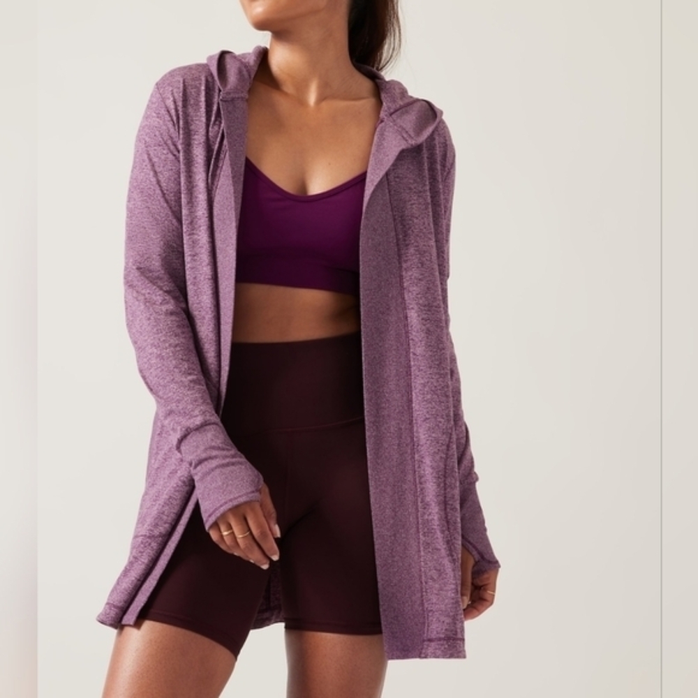 Athleta Uptempo Wrap Cardigan Womens XS Pink Purple Hooded Open Front Athleisure